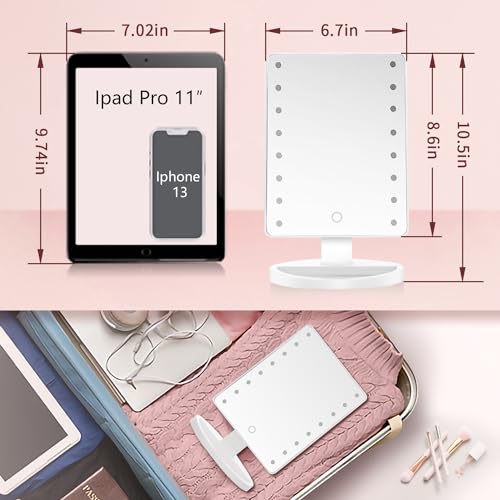 KOOKIN مرآة مكياج مضاءة KOOKIN مع 16 ضوء LED دوران 180 درجة مرآة مضاءة شاشة لمس ضبط السطوع مرايا مكتب مزودة بمدخل USB مزدوج الحمام الجمال مستحضرات التجميل (أبيض) - Image 4