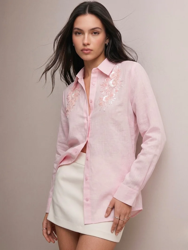 Outzidr  Pink Embroidered Pink Blouse In Satin Fabric for Women | Best Price UAE