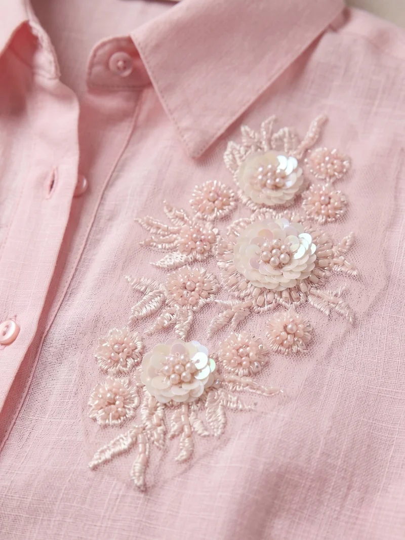 Outzidr  Pink Embroidered Pink Blouse In Satin Fabric for Women | Best Price UAE