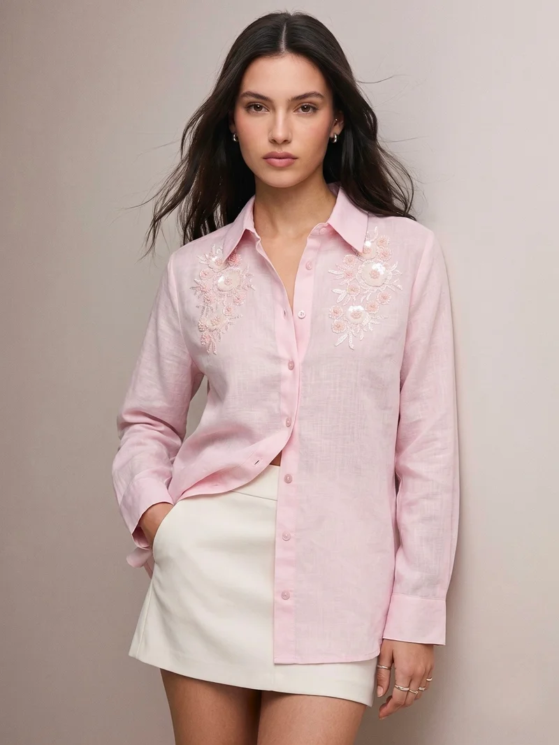 Pink Embroidered Pink Blouse In Satin Fabric