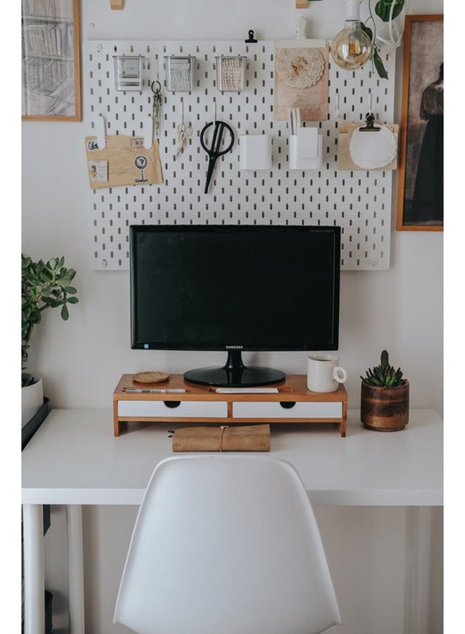 Mazajy Home Monitor Riser White with Brown Drawers - Desk Shelf Organizer - Image 1