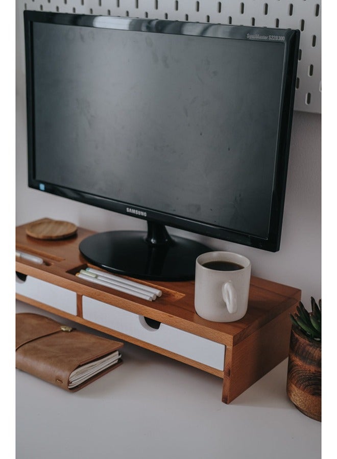 Mazajy Home Monitor Riser White with Brown Drawers - Desk Shelf Organizer - Image 2