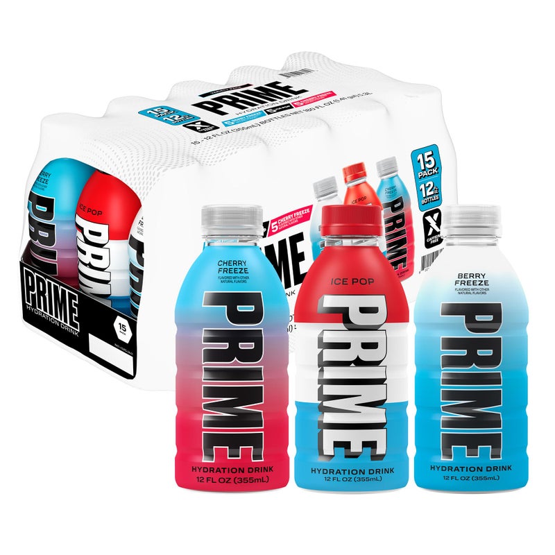 PRIME HYDRATION Variety - Blue Freeze, Cherry Freeze, ICE POP Sports Drinks, Electrolyte Enhanced for Ultimate Hydration, 250mg BCAAs, B Vitamins, Antioxidants, Low Sugar, 12 Fl Oz, 15 Pack - Image 1