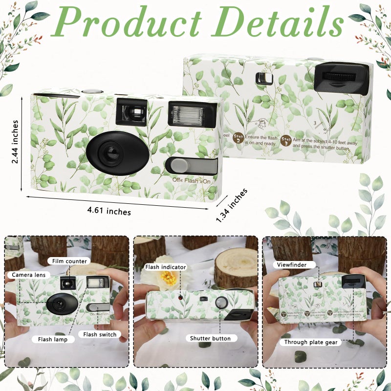Entallor 6 Pack Disposable Cameras for Wedding Bulk, Watercolor Eucalyptus Single-Use One Time Film Cameras with Flash for Birthday Baby Shower Gathering Wedding 35mm lSO 400 Color Film 17 Exposures - Image 4