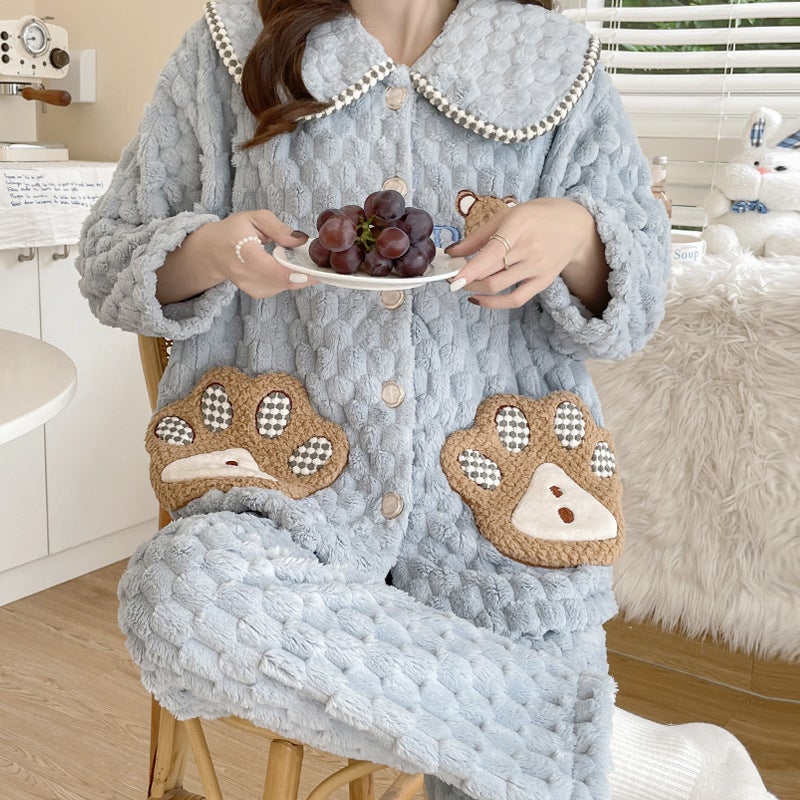 Cozy Coral Fleece Maternity Pajamas Set 237 bear palm Blue Gray 