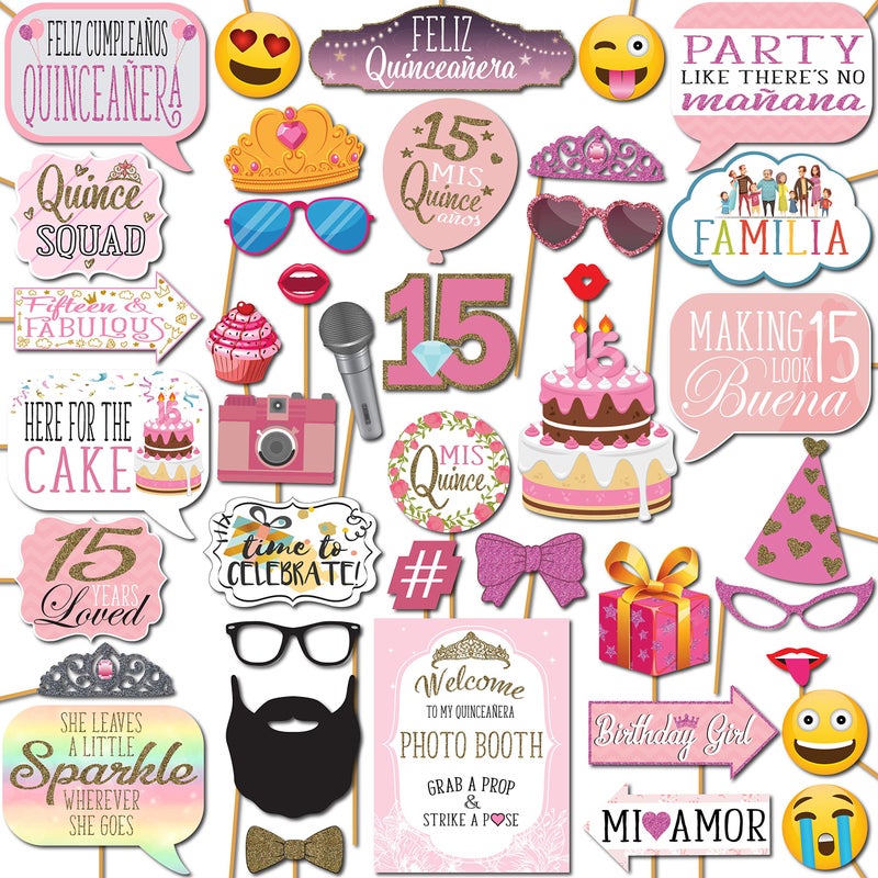 Quinceanera Photo Booth Props  41pc Photobooth Kit with 8 x 10Inch Sign 60 Adhesive Pads 45 Sticks  Sweet 15 Photo Booth Props  Decoracion para 15 Aos Quinceaeras
