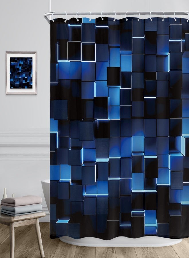 Riyidecor Black Navy Blue Shower Curtain 60Wx72H Inch Geometric Abstract Brick Wall Modern 3D Gradient Futuristic Plaid Cubes Man Boys Cool Bathroom Decor Fabric Polyester Waterproof 12 Pack Hooks - Image 3
