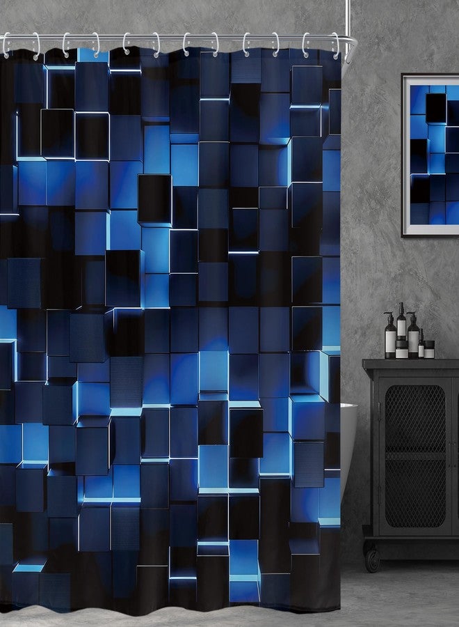 Riyidecor Black Navy Blue Shower Curtain 60Wx72H Inch Geometric Abstract Brick Wall Modern 3D Gradient Futuristic Plaid Cubes Man Boys Cool Bathroom Decor Fabric Polyester Waterproof 12 Pack Hooks - Image 1