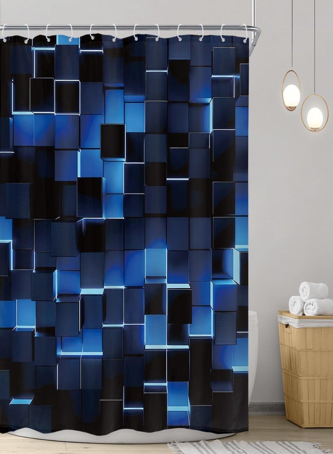Riyidecor Black Navy Blue Shower Curtain 60Wx72H Inch Geometric Abstract Brick Wall Modern 3D Gradient Futuristic Plaid Cubes Man Boys Cool Bathroom Decor Fabric Polyester Waterproof 12 Pack Hooks - Image 2