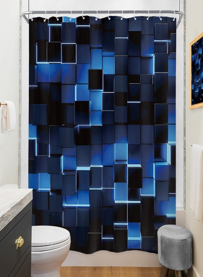 Riyidecor Black Navy Blue Shower Curtain 60Wx72H Inch Geometric Abstract Brick Wall Modern 3D Gradient Futuristic Plaid Cubes Man Boys Cool Bathroom Decor Fabric Polyester Waterproof 12 Pack Hooks - Image 4