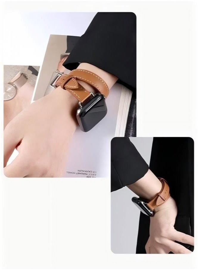 Watch Strap Suitable for iWatch Series 10 (42mm), Leather Replacement Band Compatible for Apple Watch Series Band 38mm 40mm 41mm 42mm women, Genuine Leather Double Tour Designed Slim Strap for iWatch Ultra Series10 9 8 7 6 SE, Brown - Image 4