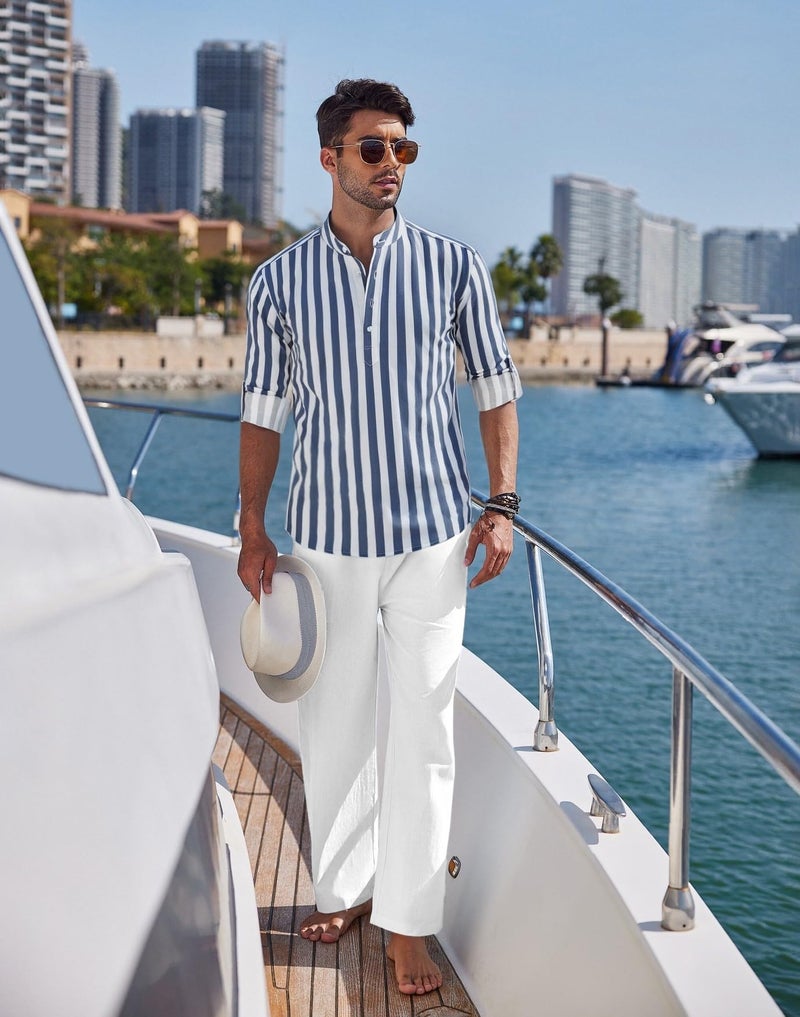 COOFANDY Men's 2 Pieces Cotton Linen Set Long Sleeve Striped Henley Shirts Casual Beach Pants Summer Yoga Outfits - Image 3