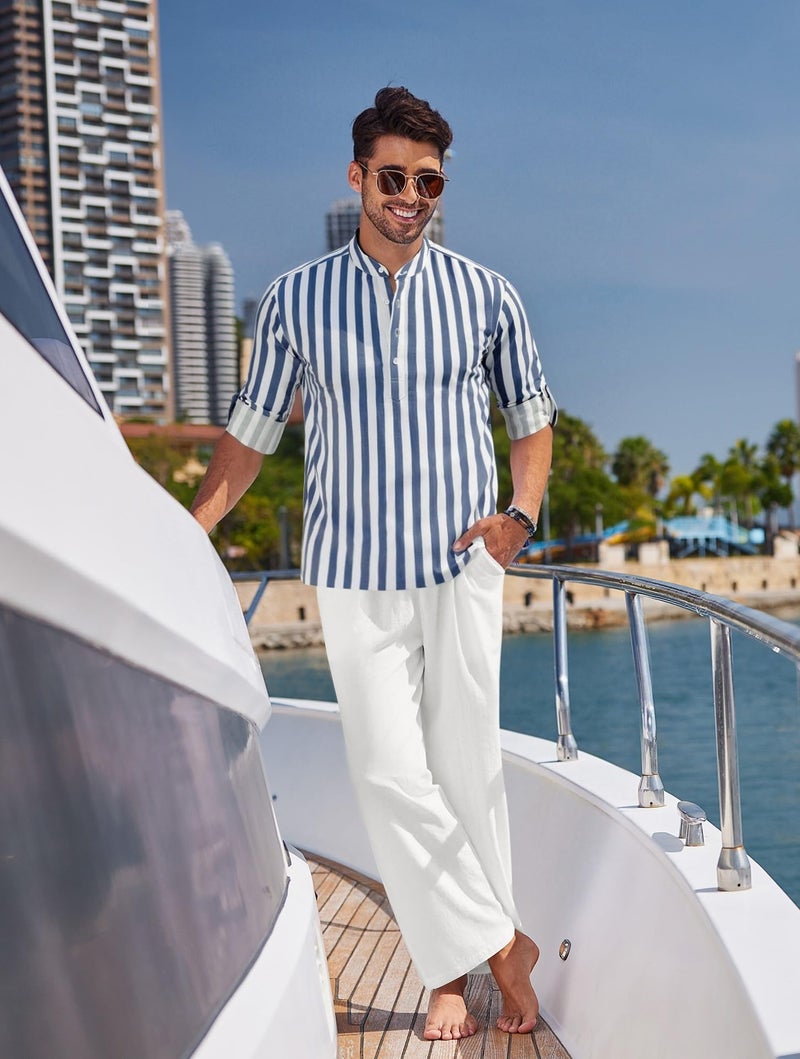 COOFANDY Men's 2 Pieces Cotton Linen Set Long Sleeve Striped Henley Shirts Casual Beach Pants Summer Yoga Outfits - Image 2
