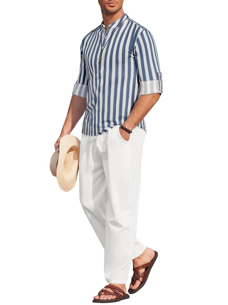 COOFANDY Men's 2 Pieces Cotton Linen Set Long Sleeve Striped Henley Shirts Casual Beach Pants Summer Yoga Outfits - Image 1