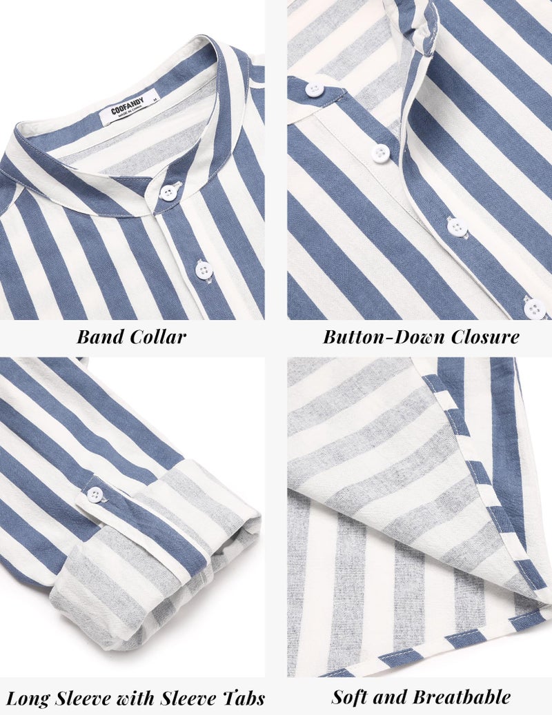 COOFANDY Men's 2 Pieces Cotton Linen Set Long Sleeve Striped Henley Shirts Casual Beach Pants Summer Yoga Outfits - Image 5