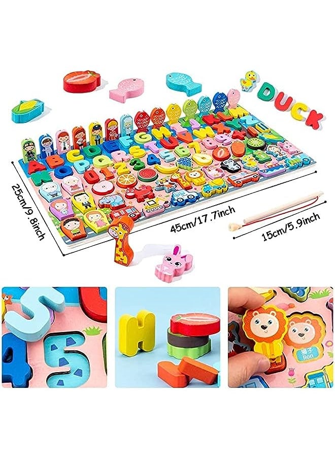 IAF Learning Montessori Wooden Puzzle and Fishing Game. Educational puzzle toy to learn shapes, fruits, numbers, vehicles, alphabets and hand eye balance fishing rod  - Image 2