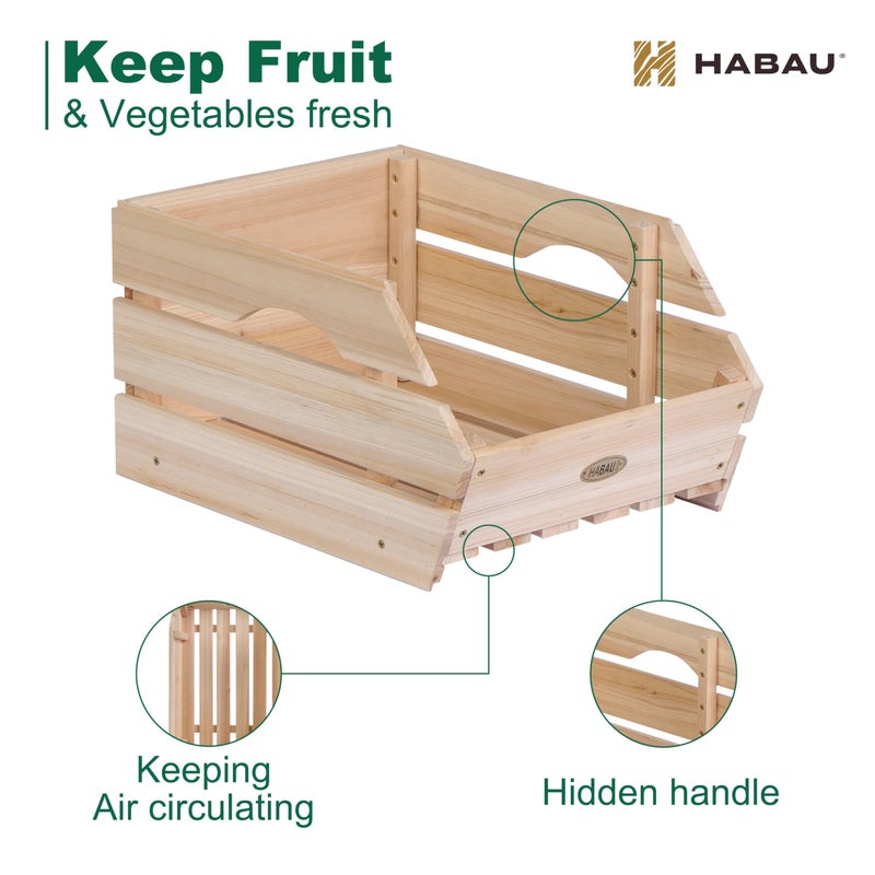 HABAU Wood Potato Onion Storage Bins - Wooden Stackable Produce Basket - Fruit Vegetable Storage for Kitchen Pantry Organization, Set 3 Pieces - Image 5