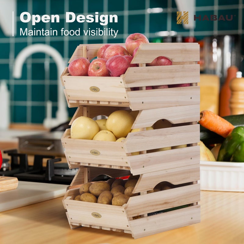 HABAU Wood Potato Onion Storage Bins - Wooden Stackable Produce Basket - Fruit Vegetable Storage for Kitchen Pantry Organization, Set 3 Pieces - Image 2