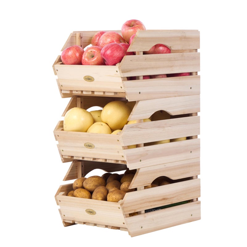 HABAU Wood Potato Onion Storage Bins - Wooden Stackable Produce Basket - Fruit Vegetable Storage for Kitchen Pantry Organization, Set 3 Pieces - Image 1