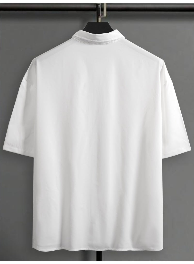 Men's Oversized White Shirt Short Sleeve Casual Button Down Shirt with Black Tie Modern Streetwear - Image 5