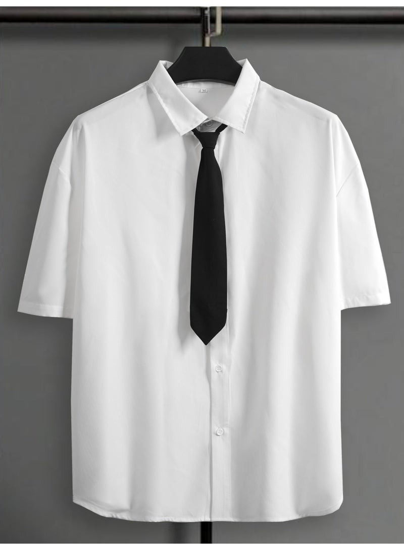 Men's Oversized White Shirt Short Sleeve Casual Button Down Shirt with Black Tie Modern Streetwear - Image 4