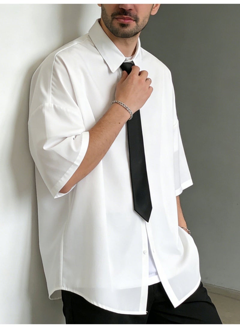 Men's Oversized White Shirt Short Sleeve Casual Button Down Shirt with Black Tie Modern Streetwear - Image 1