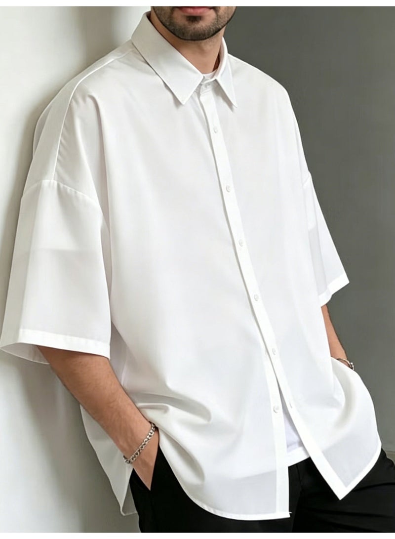 Men's Oversized White Shirt Short Sleeve Casual Button Down Shirt with Black Tie Modern Streetwear - Image 2