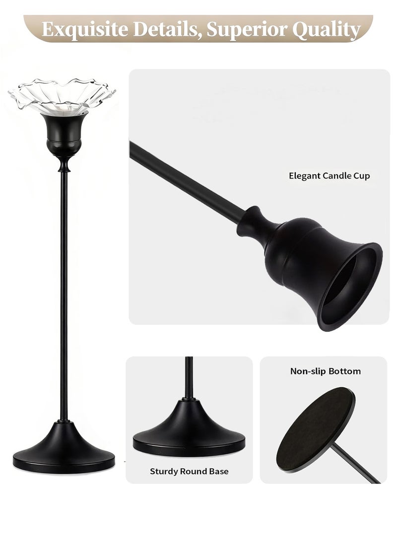 بيت النور مجموعة أنيقة وفاخرة من 3 حوامل شموع باللون الأسود المطفأ (Matte Black)، مزودة بأطباق زجاجية لتجميع الشمع المذاب بتصميم يشبه البتلات؛ تتميز بتصميم مانع لتقاطر الشمع وتُعد قطعاً مثالية لتزيين الطاولات في المنازل وحفلات الزفاف والحفلات والمناسبات الاحتفالية. - Image 3