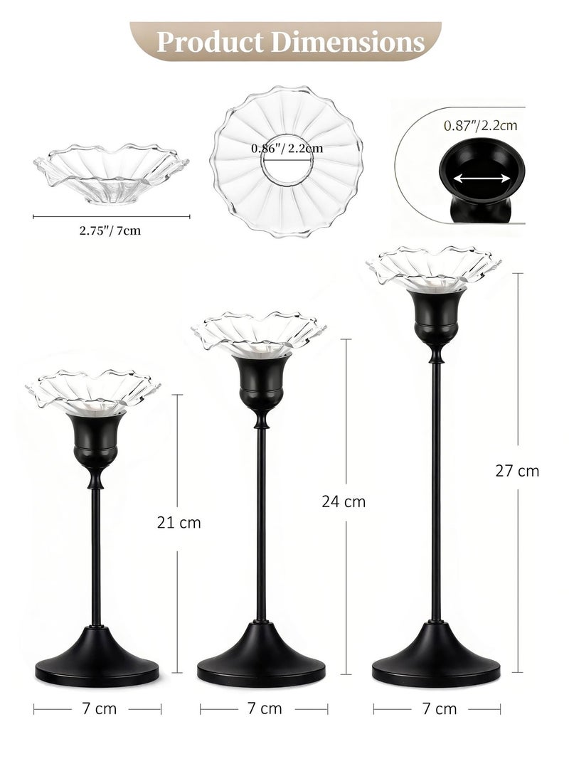HomeNoor Elegant Premium Matte Black Candlestick Holders with Petal-Shaped Glass Wax Catchers, Set of 3 in Assorted Sizes, Anti-Drip Table Centerpieces for Home Decor, Weddings, Parties and Festival Celebrations - Image 2
