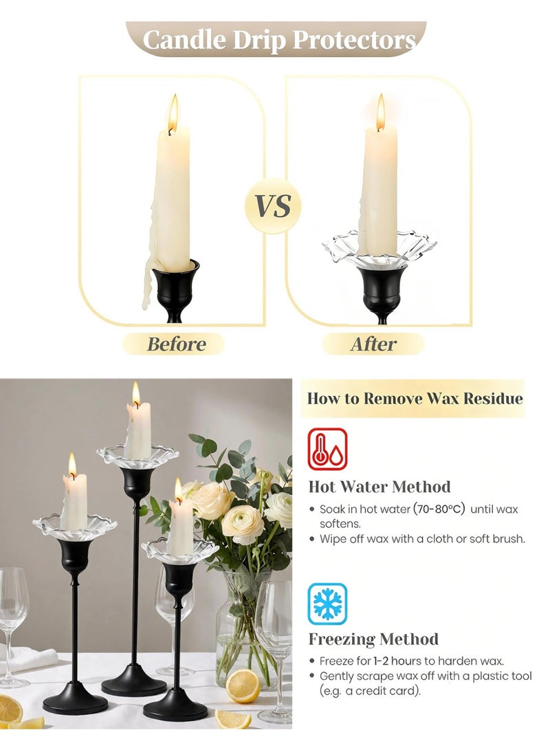 HomeNoor Elegant Premium Matte Black Candlestick Holders with Petal-Shaped Glass Wax Catchers, Set of 3 in Assorted Sizes, Anti-Drip Table Centerpieces for Home Decor, Weddings, Parties and Festival Celebrations - Image 4