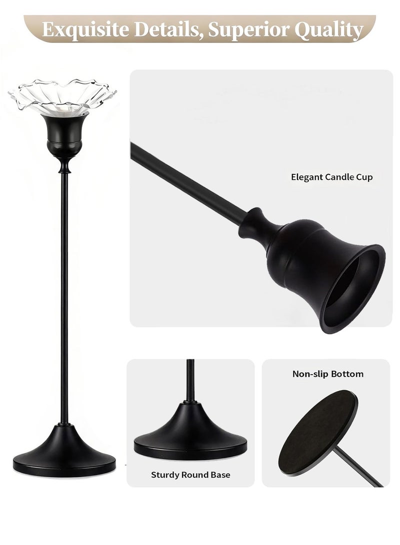 HomeNoor Elegant Premium Matte Black Candlestick Holders with Petal-Shaped Glass Wax Catchers, Set of 3 in Assorted Sizes, Anti-Drip Table Centerpieces for Home Decor, Weddings, Parties and Festival Celebrations - Image 3