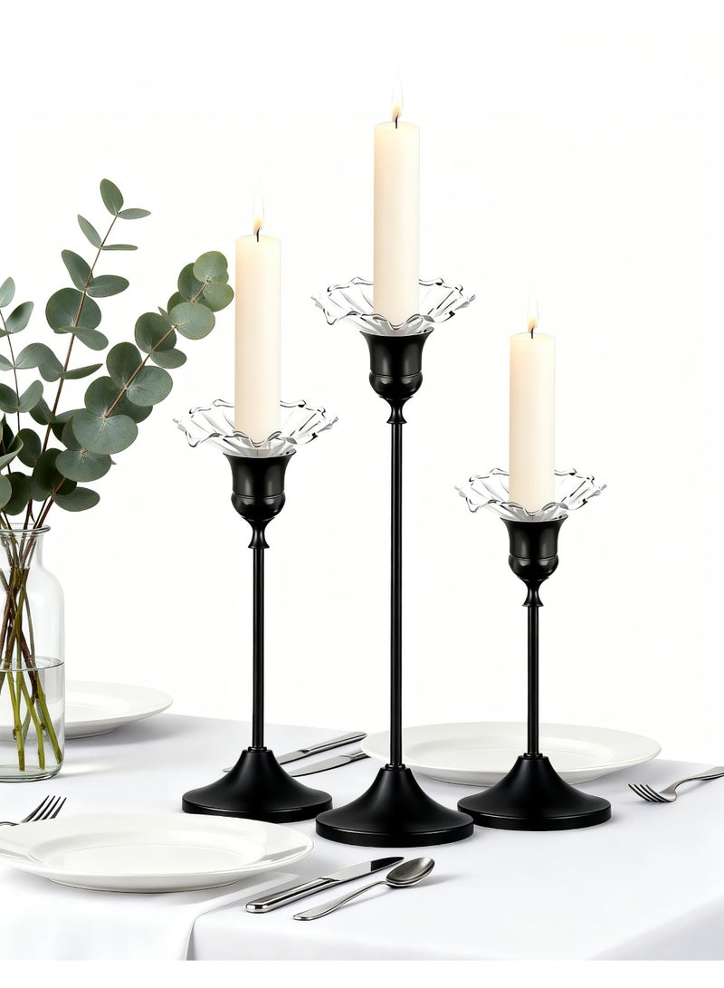 HomeNoor Elegant Premium Matte Black Candlestick Holders with Petal-Shaped Glass Wax Catchers, Set of 3 in Assorted Sizes, Anti-Drip Table Centerpieces for Home Decor, Weddings, Parties and Festival Celebrations - Image 1