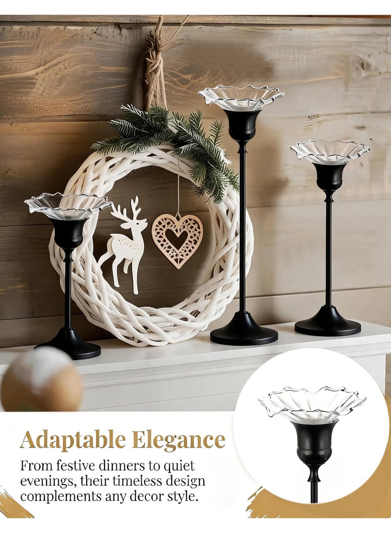 HomeNoor Elegant Premium Matte Black Candlestick Holders with Petal-Shaped Glass Wax Catchers, Set of 3 in Assorted Sizes, Anti-Drip Table Centerpieces for Home Decor, Weddings, Parties and Festival Celebrations - Image 5