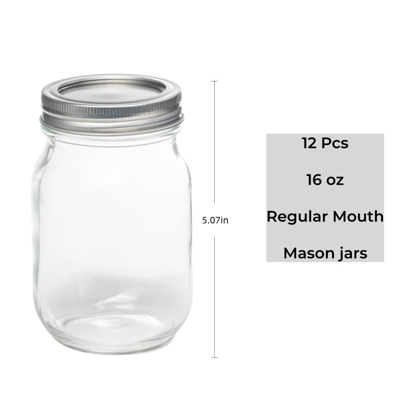 Yodecy 12 Pack 16oz Mason Jars, Regular Mouth jars with Silver Metal Lids, Canning Jars for Overnight Oats, Food Storage, Dry Food, Snacks, Candies and More - Image 2