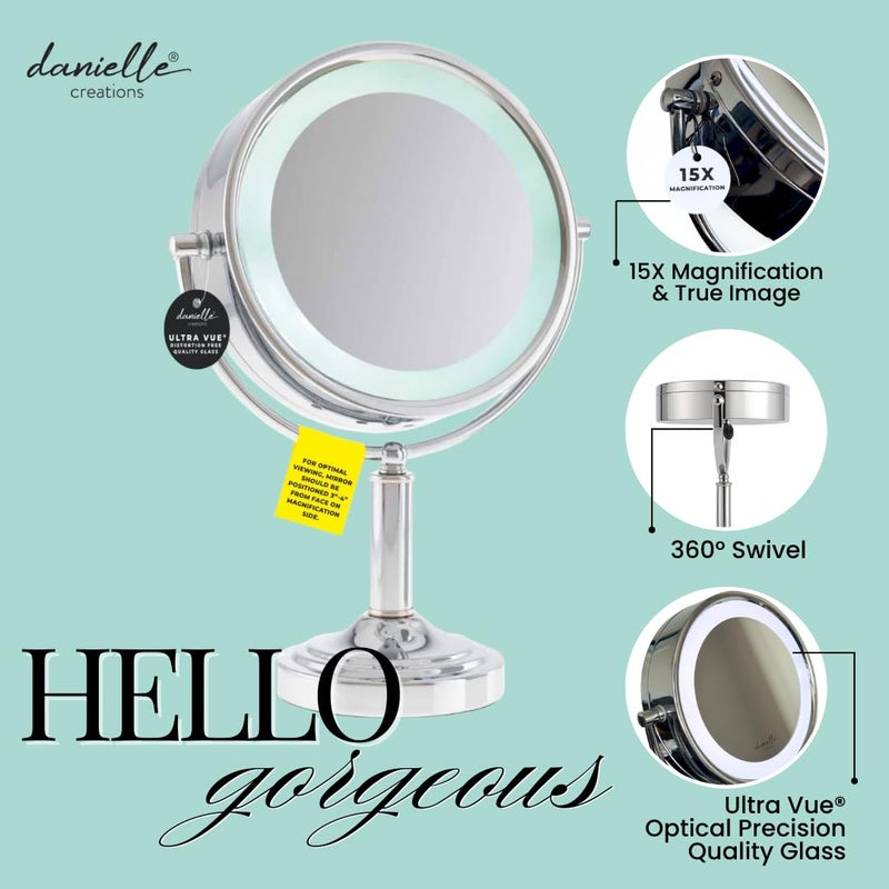 DC DANIELLE Danielle Creations Professional-Grade Double-Sided L.E.D. Vanity Mirror with Strong 15X Magnification, 360-Degree Rotation, Ultra-Vue Distortion-Free True Image Reflection, Silver Chrome Finish - Image 3