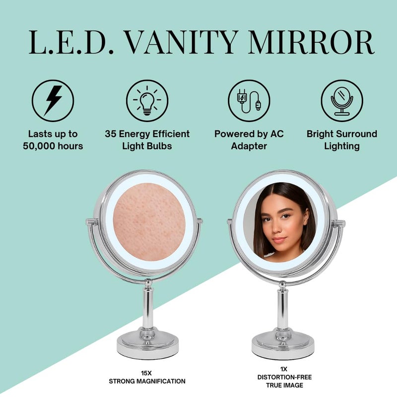 DC DANIELLE Danielle Creations Professional-Grade Double-Sided L.E.D. Vanity Mirror with Strong 15X Magnification, 360-Degree Rotation, Ultra-Vue Distortion-Free True Image Reflection, Silver Chrome Finish - Image 4
