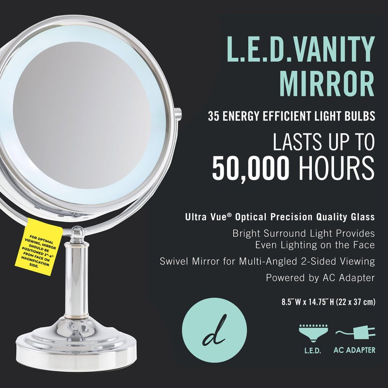 DC DANIELLE Danielle Creations Professional-Grade Double-Sided L.E.D. Vanity Mirror with Strong 15X Magnification, 360-Degree Rotation, Ultra-Vue Distortion-Free True Image Reflection, Silver Chrome Finish - Image 2