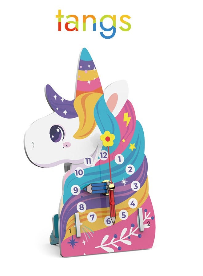 ملقط طقم ساعة DIY وحيد القرن بألوان قوس قزح - لعبة تعليمية علمية للأطفال، سهلة التركيب، ديكور مكتب ملون، تعليم ممتع للأولاد والبنات، مثالية للتواصل بين الوالدين والطفل العاب اطفال عمر 3 سنوات - Image 1