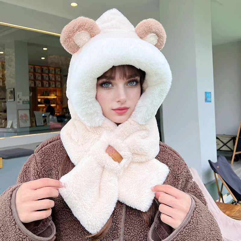Cute Cat Ear Knit Beanie Women Autumn Winter Fashion Warm 393 beige bear two-piece set [color matching ears]]