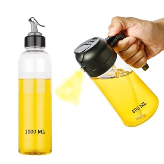 PHLYPONN 500ml 2 in 1 Glass Oil Sprayer Bottle With 1000ml Plastic Oil Dispenser Bottle Premium Set For KitchenEasy To Use For Cooking