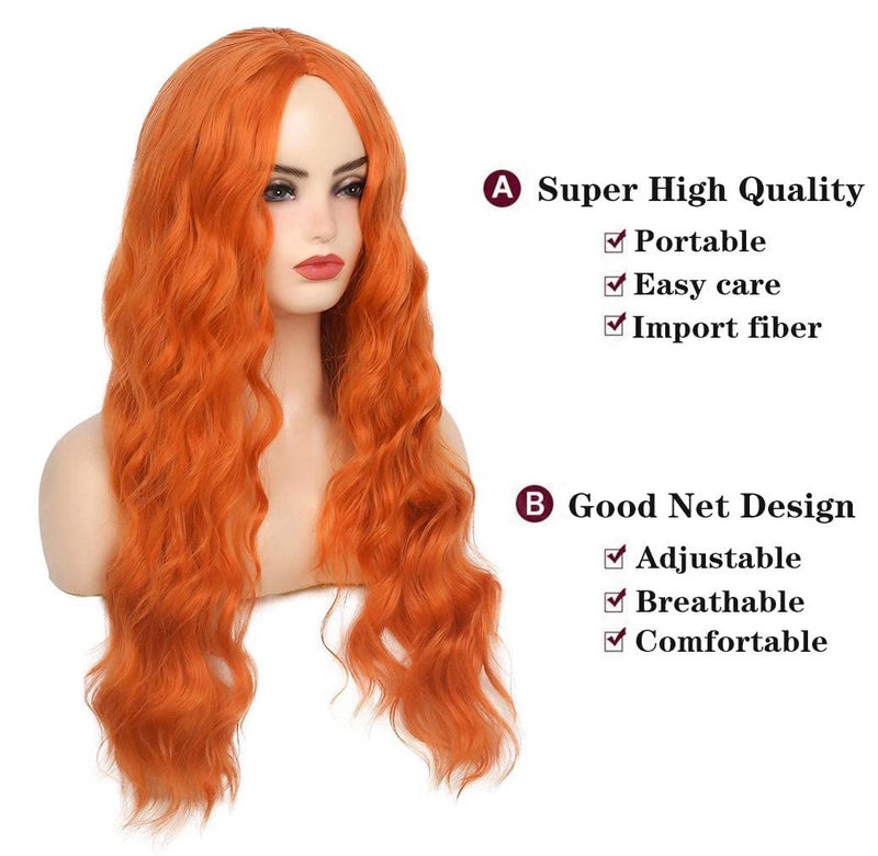 Beweig Long Curly Wavy Orange Wig Middle Part Synthetic Hair Replacement Wig for Cosplay Daily Use - Image 3