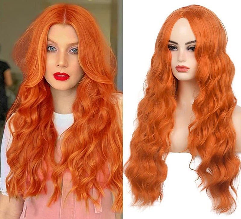 Beweig Long Curly Wavy Orange Wig Middle Part Synthetic Hair Replacement Wig for Cosplay Daily Use - Image 2