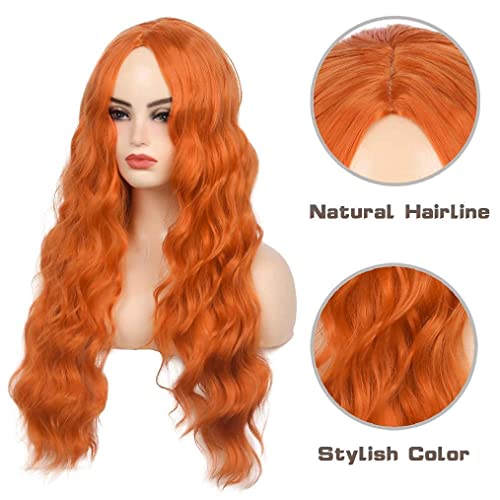 Beweig Long Curly Wavy Orange Wig Middle Part Synthetic Hair Replacement Wig for Cosplay Daily Use - Image 4