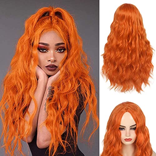 Beweig Long Curly Wavy Orange Wig Middle Part Synthetic Hair Replacement Wig for Cosplay Daily Use - Image 1