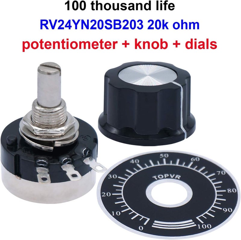 Taiss 2pcs RV24YN20S 20K Potentiometer Single Turn Carbon Film Rotary Taper Potentiometer Used for Inverter speed regulation. Motor speed control + 2pcs A03 knob + 2pcs dials (B203 20K ohm) - Image 4
