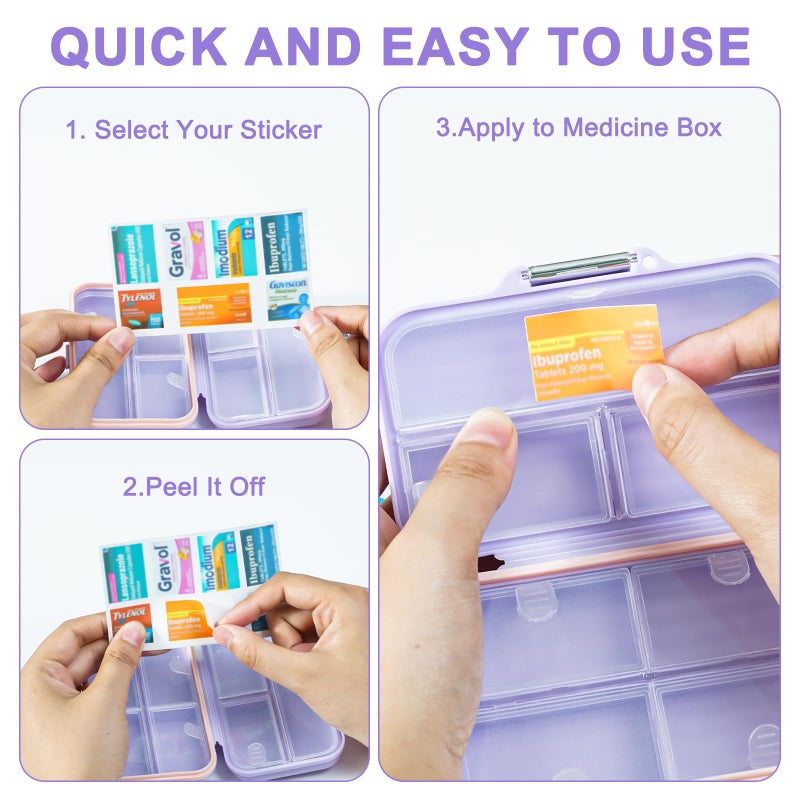 Goffing Travel Pill Organizer Box with Medicine Labels, 2Pack 7 Compartments Portable Pill Case, Daily Medication Organizer Storage Pill Container for Pocket Pharmacy(Purple, S+L 2pack) - Image 4