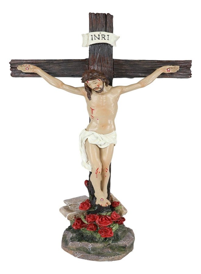Ebros Gift Ebros INRI Jesus Christ Crucified On The Cross With Solemn Rose of Sharon Base Decorative Crucifix Desktop Statue 15.25" Tall Christian Catholic Religious Inspirational Altar Table Figurine - Image 1