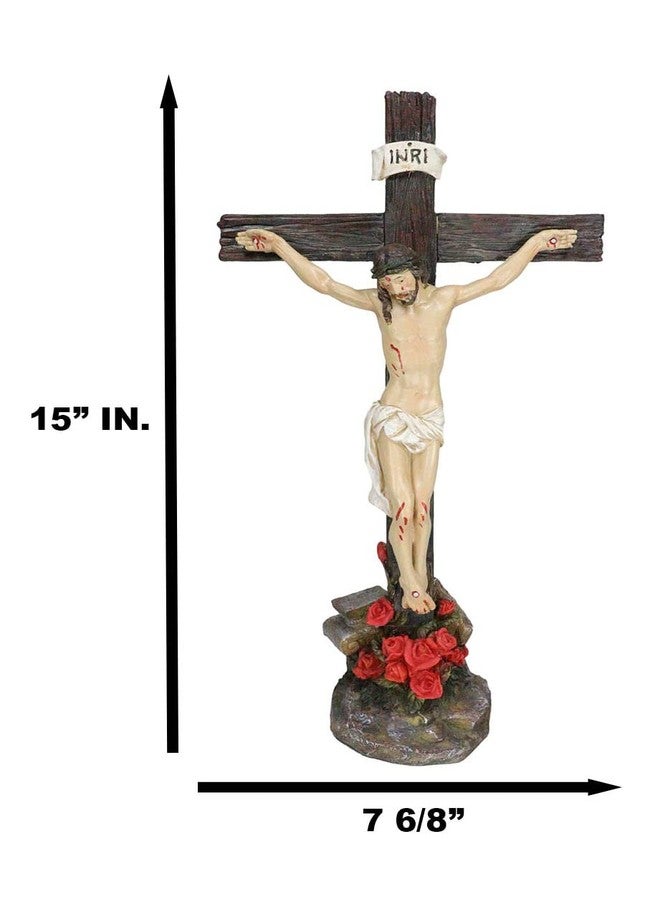 Ebros Gift Ebros INRI Jesus Christ Crucified On The Cross With Solemn Rose of Sharon Base Decorative Crucifix Desktop Statue 15.25" Tall Christian Catholic Religious Inspirational Altar Table Figurine - Image 2