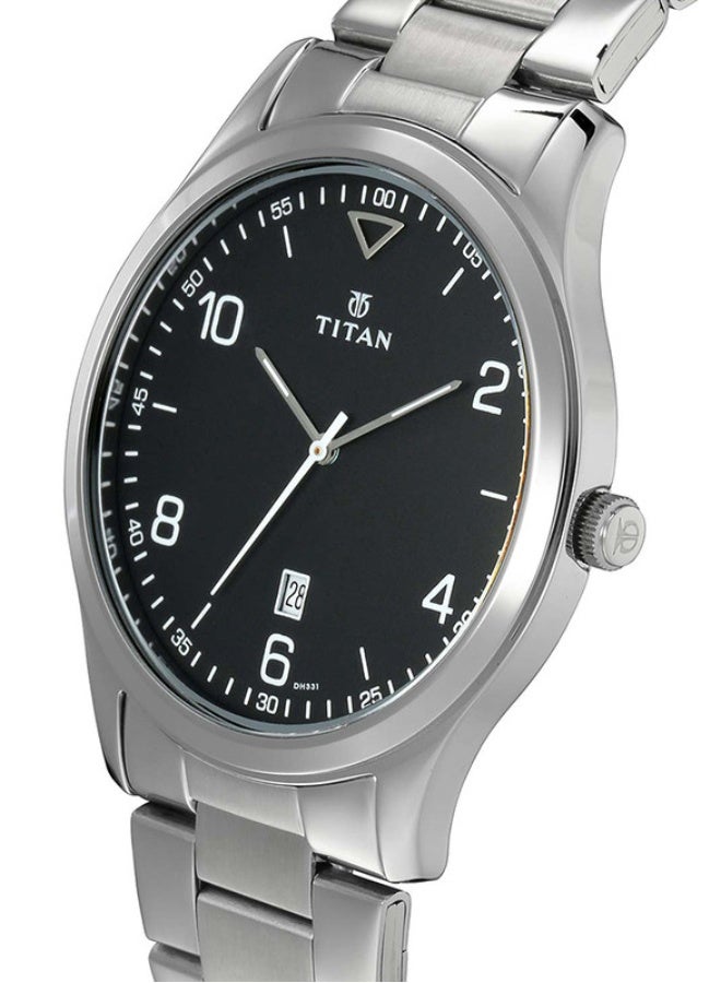 TITAN ساعة تيتان كلاسيك أنالوج بقرص دائري أسود وحزام من الفولاذ المقاوم للصدأ الفضي للرجال-1770SM02 - Image 2