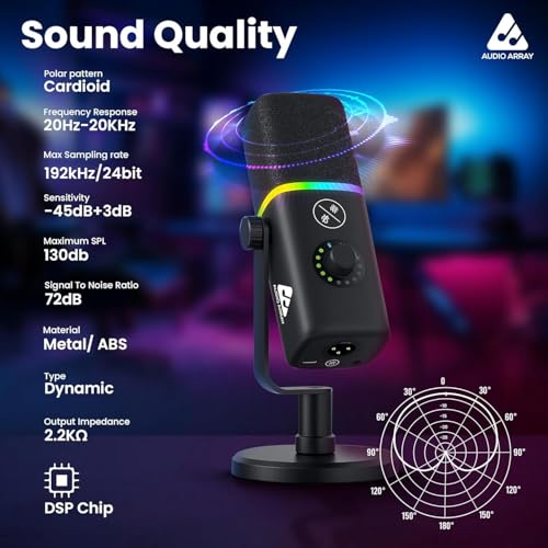 Audio Array AM-C45 XLR/USB Pro RGB Dynamic Microphone Kit | 192kHz/24bit Studio Quality Output | Volume Control, Mute and Noise Cancellation | Realtime Monitoring for Streaming, Gaming & podcasting - Image 3